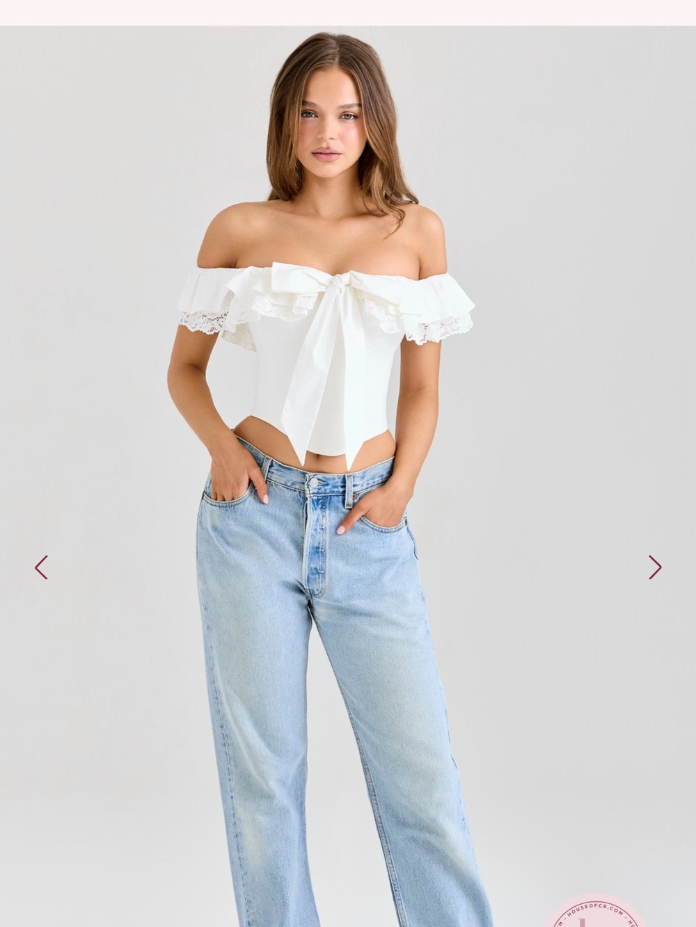 House of CB White Off-Shoulder Lace Bow Front Top